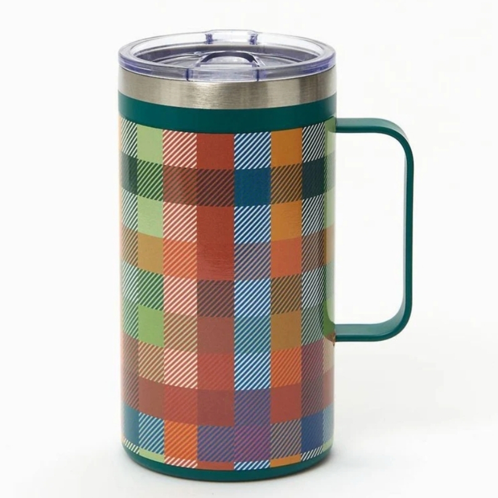 ❤️BUY 2 GET 1 FREE Paper & Source Green and Blue Plaid Travel Mug, $22.99US